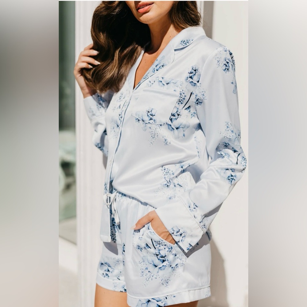 Le Rose Luxury Matte Satin Floral PJs - Bleu De Fleur Printed Pajama Set